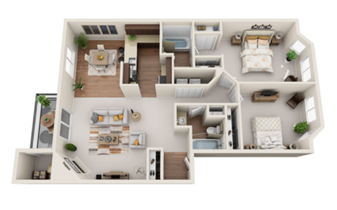 Floor plan for 2 beds, 2 baths, 978 sqft
